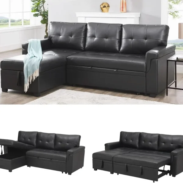 Modern Sectional Sofa with Storage Chaise Black Leather