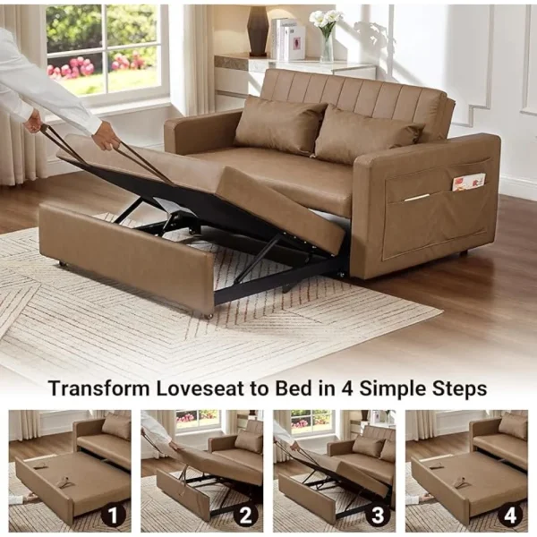 55-Inch Leather Pull-Out Loveseat Couch Bed