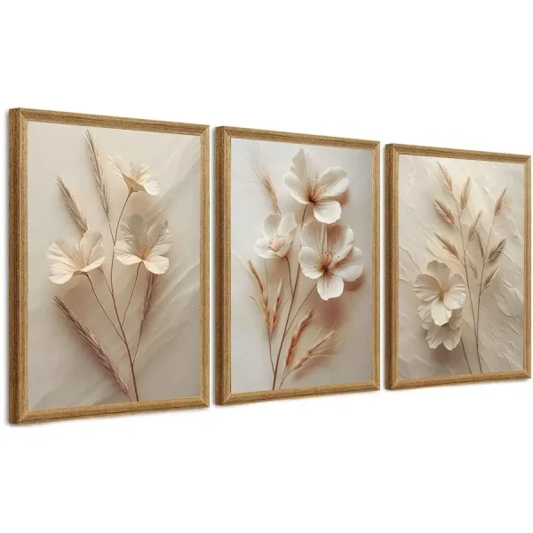 3Pcs Framed Neutral Beige Floral Canvas